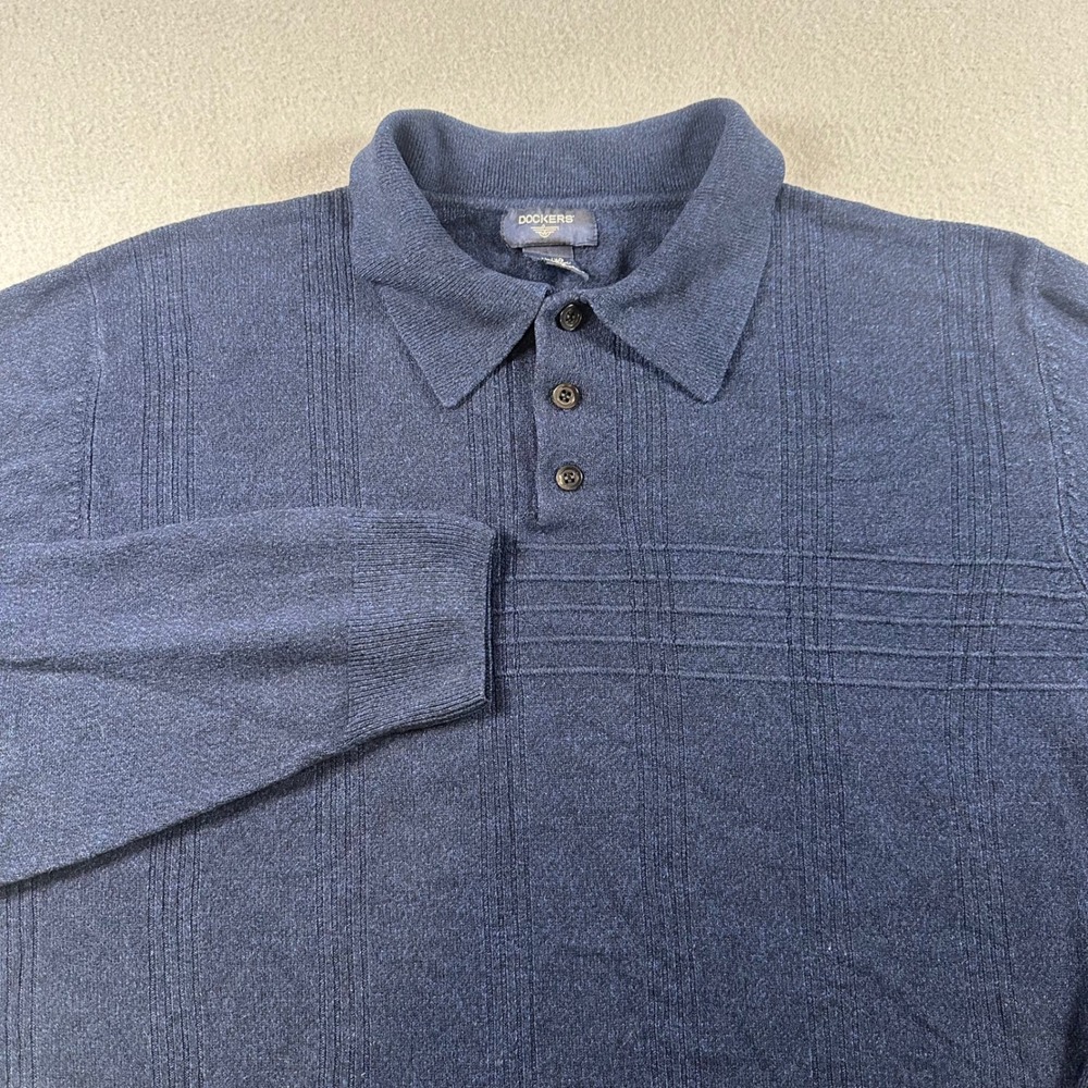 Dockers Men XL Navy Blue Long Sleeve Polo Sweater Textured Knit Acrylic 3 Button